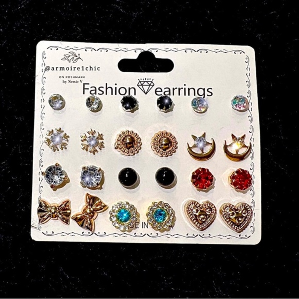 CLASSIC FASHION EARRINGS SET | 12 Pairs in Gold Silver Hearts Stars and Bows